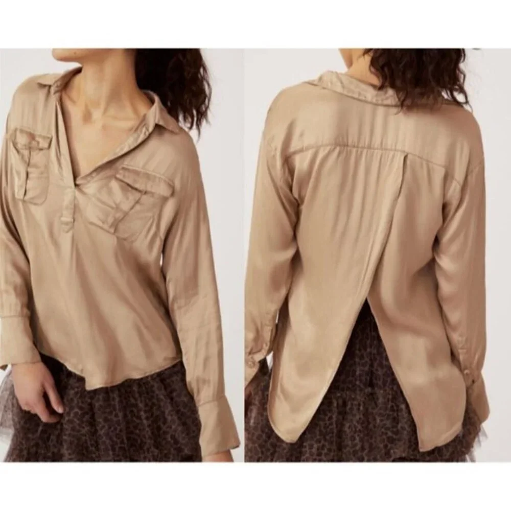 Anthropologie Sleek Satin Top V-Neck Long Sleeve Blouse Size Small Open Back - Picture 1 of 13